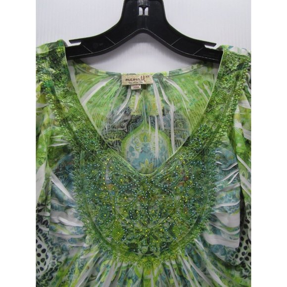 One World Blouse XS Pullover Top Floral Beaded Crochet Pleated Boho - Picture 2 of 10